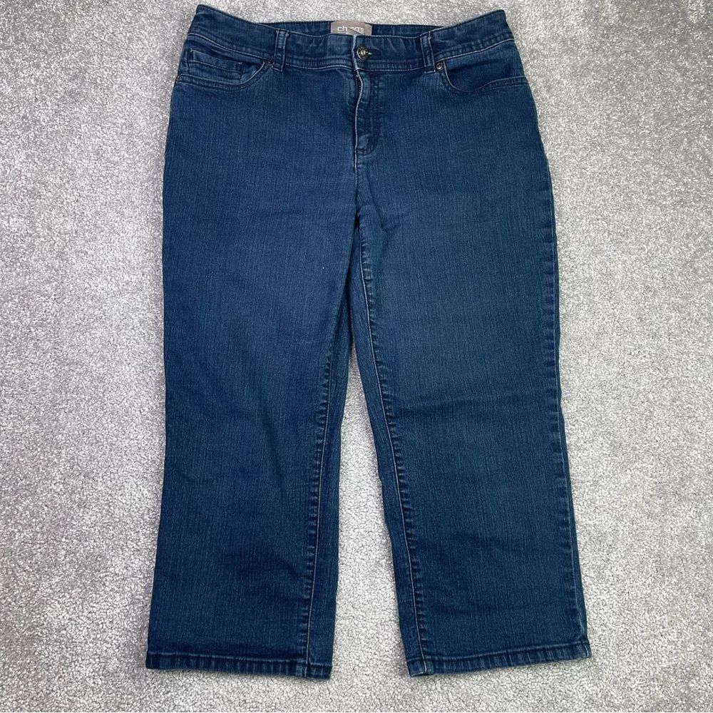 Chico's Capri Jeans Women's 10 Blue Straight Mid-Rise Dark Wash Denim Summer